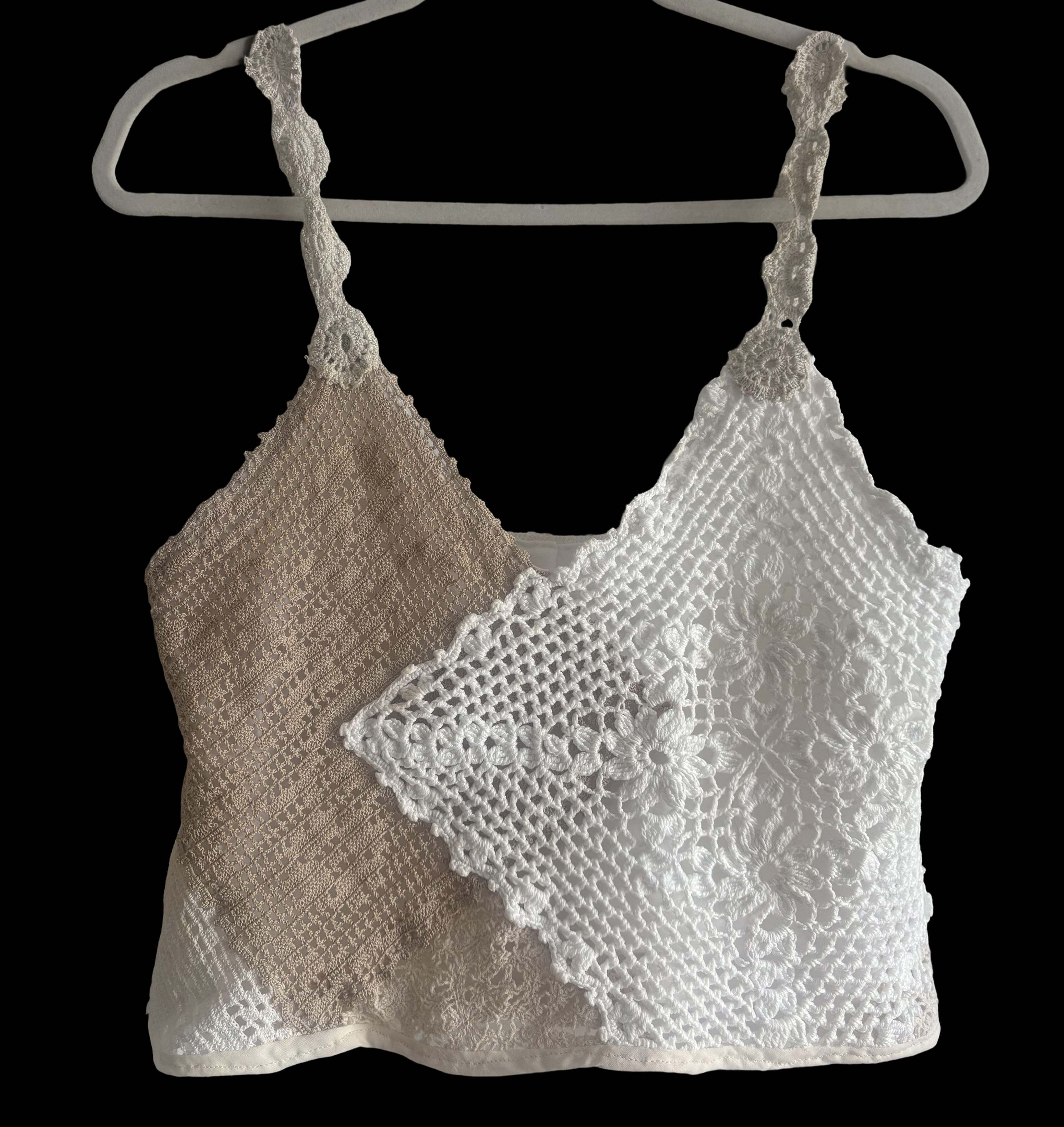 Cream tank top pieced together from vintage crochet and lace doilies