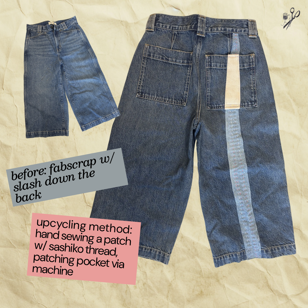 Denim capris mended with a sashiko-stitched patch down the back