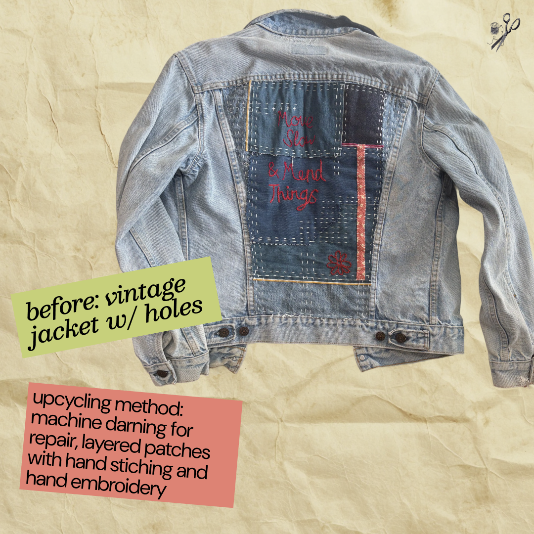 Vintage denim jacket mended with layered patches and 'Move Slow & Mend Things' embroidery