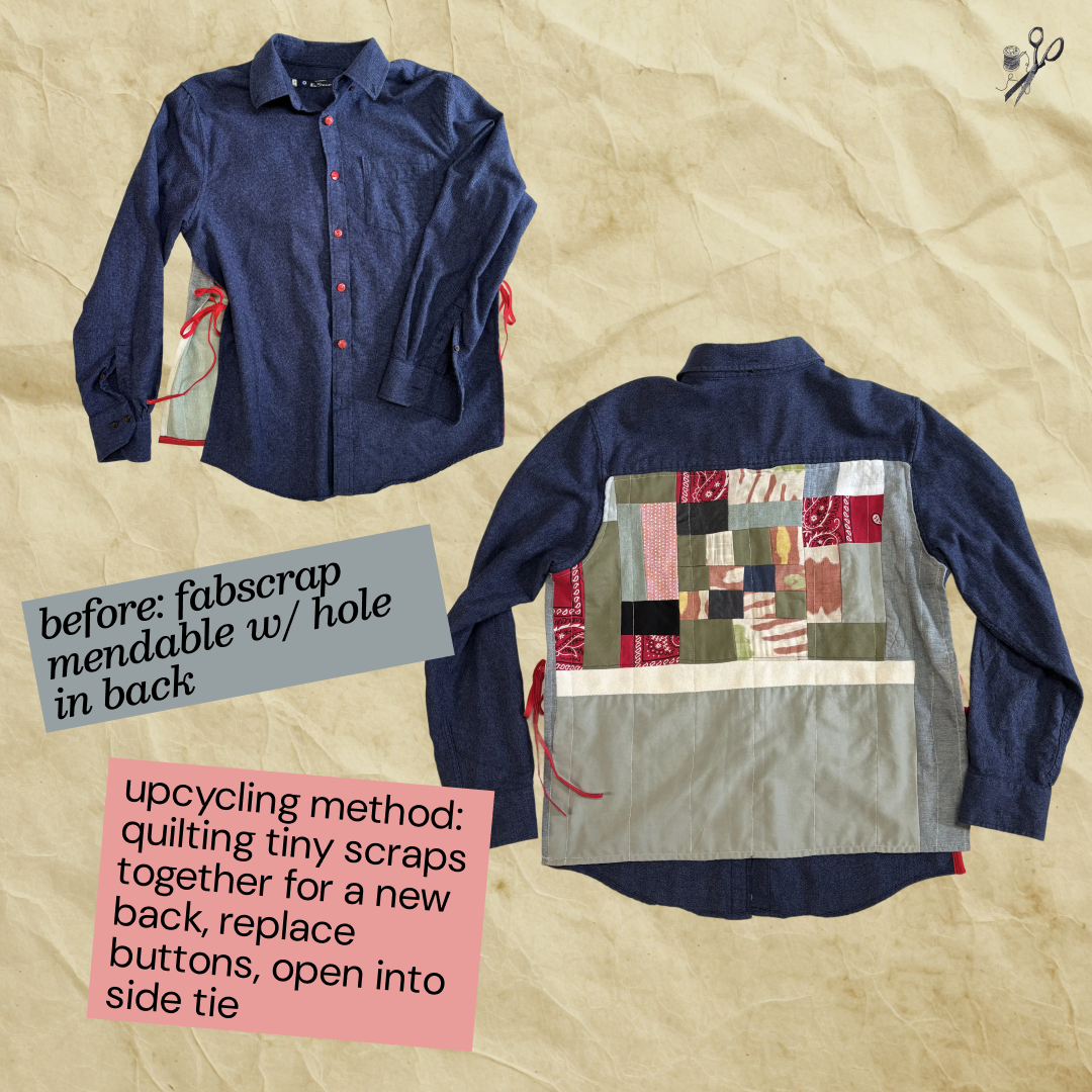 Denim shirt upcycled with a quilted scrap patchwork back and side ties