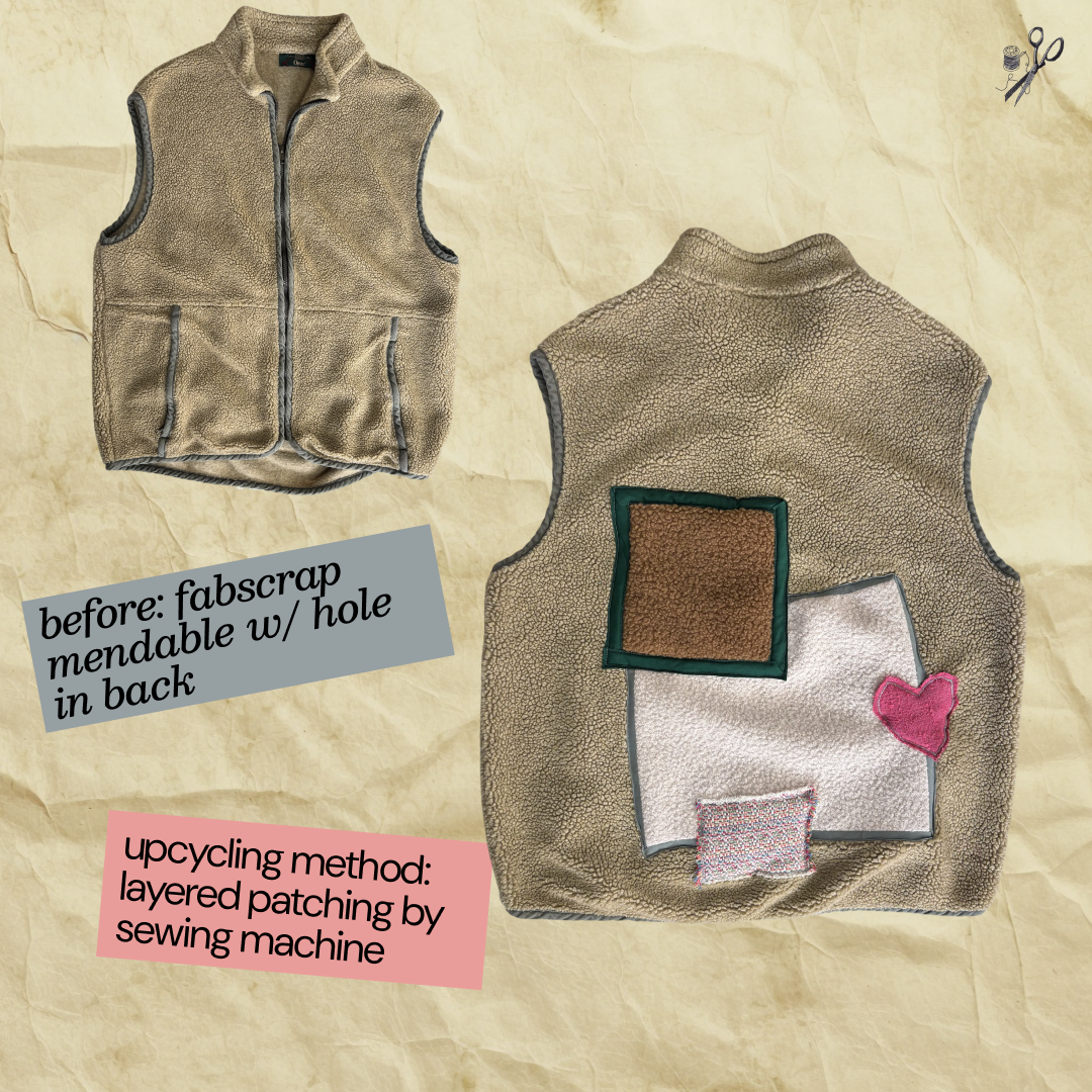 Fleece vest repaired with layered fabric patches and a pink heart