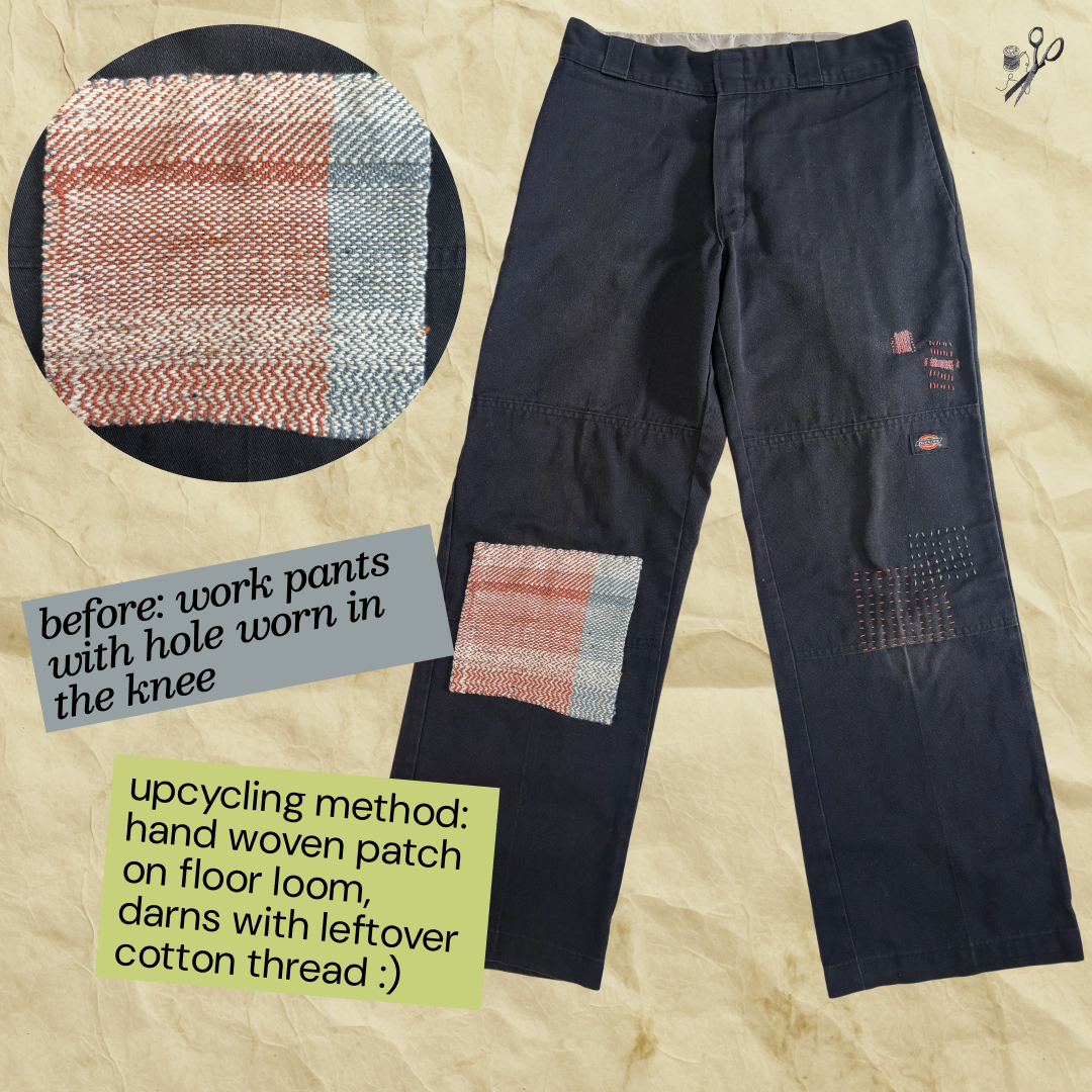 Work pants repaired with a hand-woven patch and sashiko darning at the knee